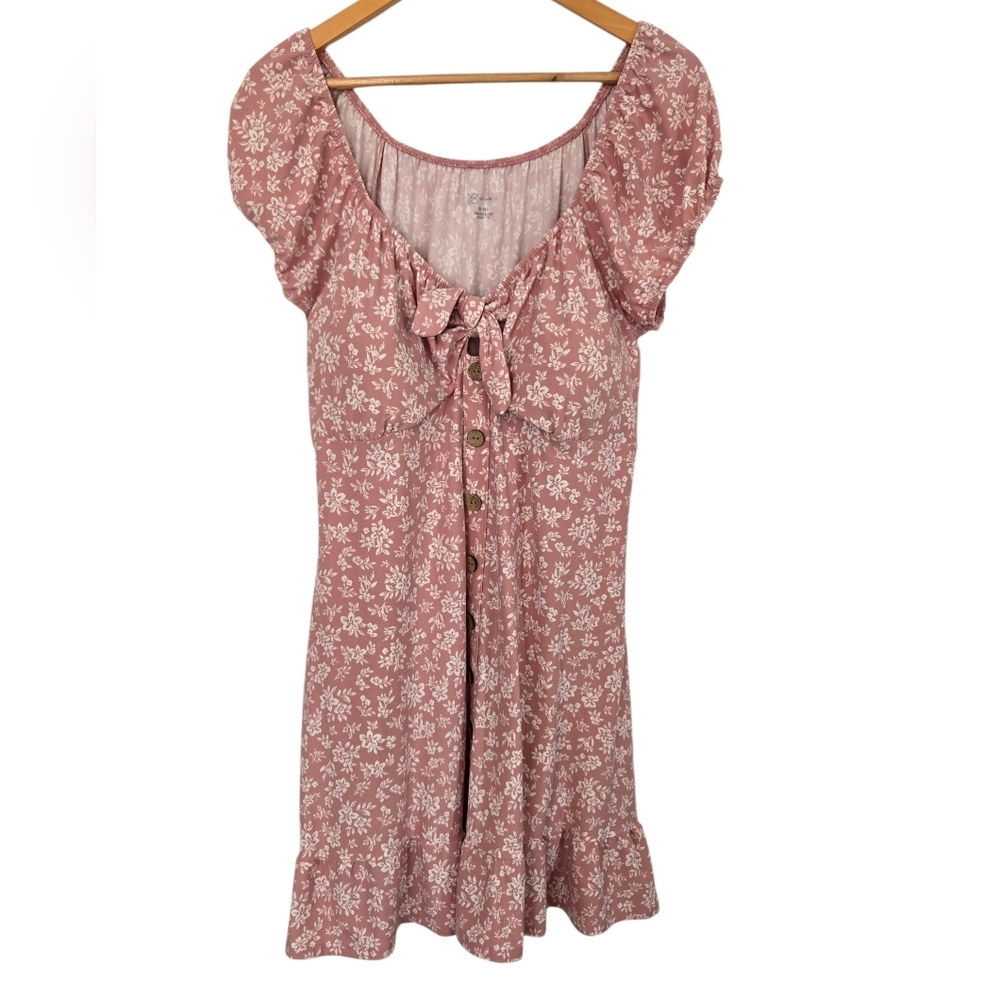 No Boundaries Pink Floral Dress XXL Jr Cottagecore Puff Sleeve Button Front Mini